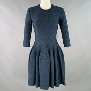 ALAIA 6 Navy Black Textured Geometric Viscose Blend Bell Skirt 3/4 Sleeve Dress